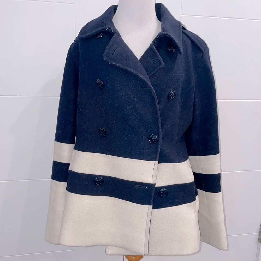 Blue and white striped pea coat